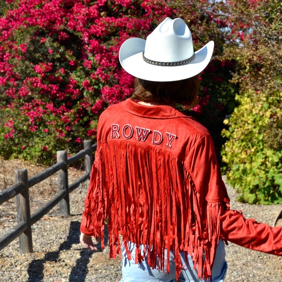Red Suede Western Fringe Jacket, Nashville Country Concert Outfit - Picture 6 of 12